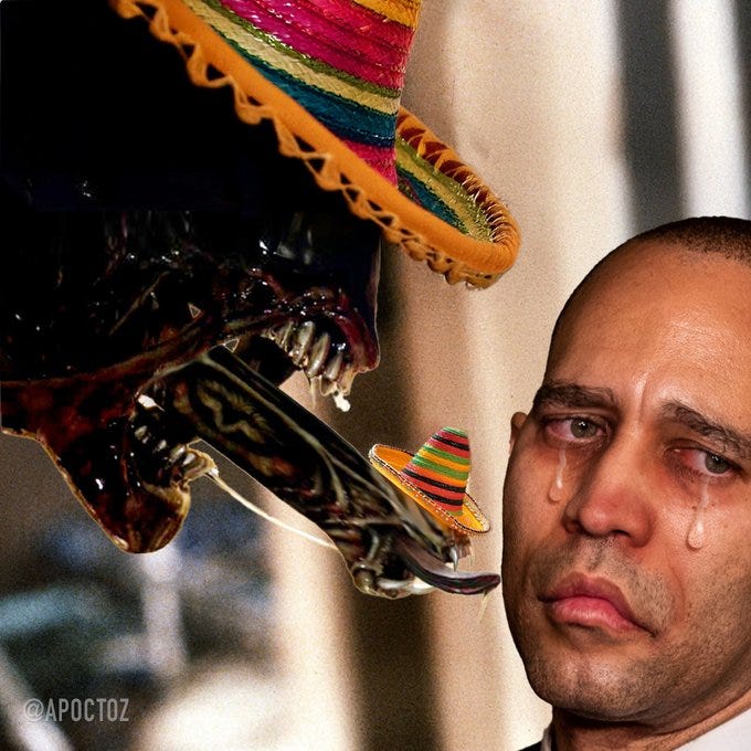An Alien creature wearing a colorful sombrero hat with red, yellow, green, and blue stripes. A man with a bald head and tears in his eyes looks at the Alien. A smaller sombrero hat is visible on the Alien\'s extended tongue. The watermark "@APOCTOZ" is present in the bottom left corner.