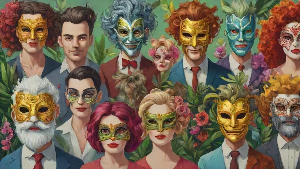 a group of men and women dressed in business attire with multicolour masks