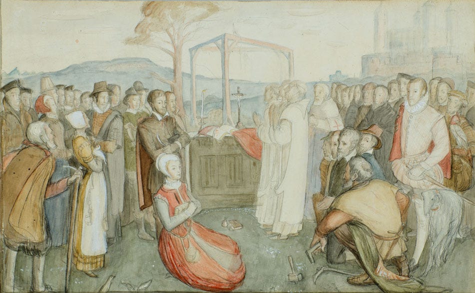 Painting of the 40 martyrs gathered around an altar with gallows and Tower of London in the background