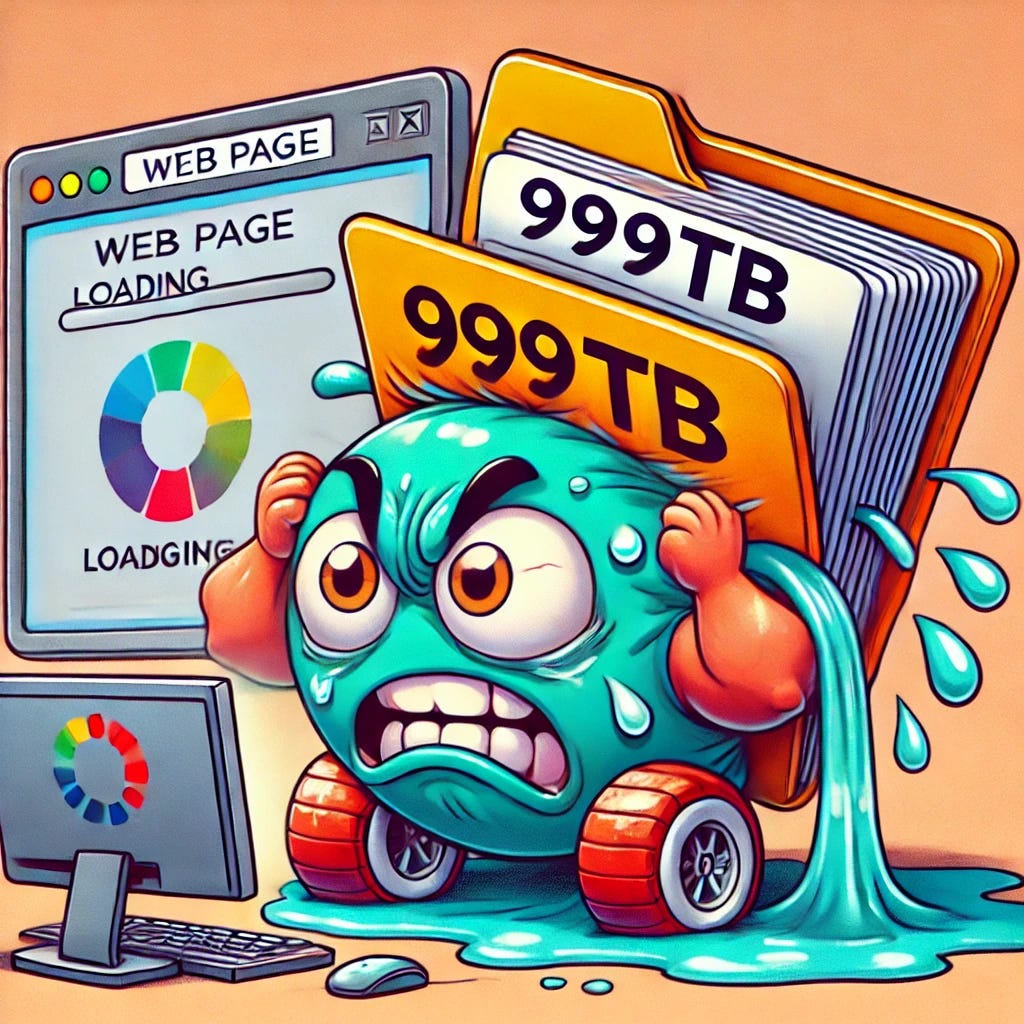 A comically exaggerated scene of a web page trying to load a massive image, depicted as a cartoon-style computer struggling under the weight of a gigantic photo file. The computer screen shows a spinning loading wheel, while the CPU appears to sweat with animated drops and is bent under the weight of the oversized image file. The image file is represented as a cartoon folder with an enormous size tag, such as '999TB'. The overall style is colorful, lighthearted, and humorous, with clear elements of digital struggle.