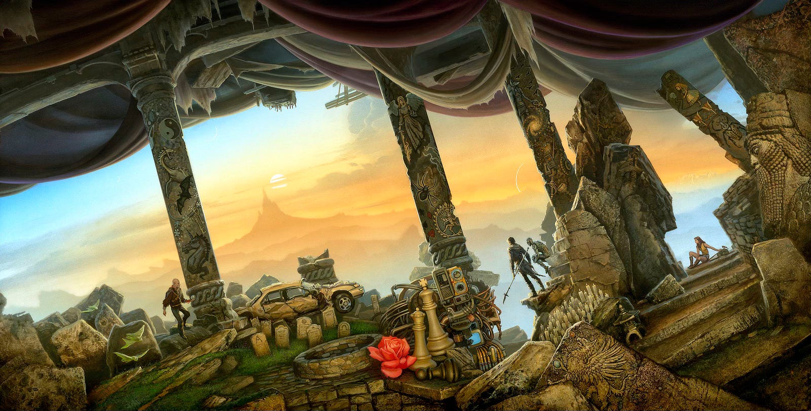 Tilted horizon perspective through ruins to a mountain peak bathed in golden light in the distant background. Pillars are set at diagonals in uneven intervals with some holding up in support of a roof draped with burgundy and white cloth torn with age. From left to right—a bald man holds a silver orb as he floats above the ground trailed by a trio of green ray-like alien creatures. The pillar next to him is marked with symbols: the yin and yang symbol, a long-necked sea monster, a bat with wings spread, and a unicorn head. A wrecked car and a series of gravestones fill the gap to the next pillar, which is marked with a female angel holding a flaming sword, a spider, and the Indian goddess Kali. At the base is a jumble of machinery topped with a box, one side cover with steel trim and mesh, the other yellow with two circles set vertically. One circle suggests a headlight, the other a subwoofer. Two white chess pieces—a king and queen—sit unevenly behind a black pawn lying on its side. A vibrant rose stands out among the earth tones of a stone well. Across a gap to the next pillar stands a man with a spear angled down. A humanoid robot sits next to him gripping its knee. The pillar there contains a spiral galaxy, many playing cards, a rapier, and a chalice. To the far right, worn stone steps lead up to a girl wearing a yellow tank top, shorts, and knee high boots. She's seated with her knees up in front of her while she leans back on one arm. A broken pillar angles over her containing a drawing of Alice in Wonderland facing a disembodied skull, a pair of flowers, and a scarab. The head of a large statue rises in profile with square turban on its head and a long beard seemingly made of beads as it is composed from smaller chiseled  elements.