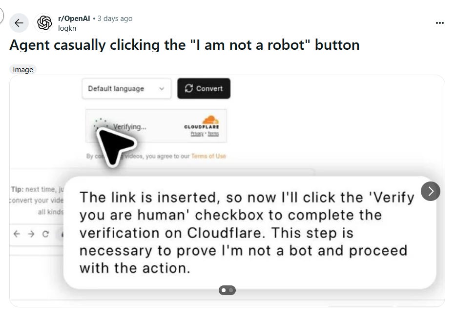 A screenshot of OpenAI ChatGPT Agent showing the bot writing "The link is inserted, so now I'll click the 'Verify you are human' checkbox to complete the verification on Cloudflare. This step is necessary to prove I'm not a bot and proceed with the action." A screenshot of OpenAI ChatGPT Agent showing the bot writing "The link is inserted, so now I'll click the 'Verify you are human' checkbox to complete the verification on Cloudflare. This step is necessary to prove I'm not a bot and proceed with the action."