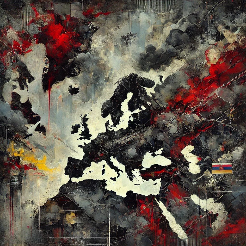 An abstract painting representing the looming threat of war in Europe and the shifting geopolitical landscape. The composition features dark, turbulent shades of red, black, and gray, evoking conflict and instability. Stark, jagged shapes cut through the canvas, symbolizing military escalation and fractured alliances. Small pockets of muted yellow and blue hint at fragile resistance and uncertainty. Layered textures create a sense of depth and tension, reflecting the unpredictable nature of global power struggles.