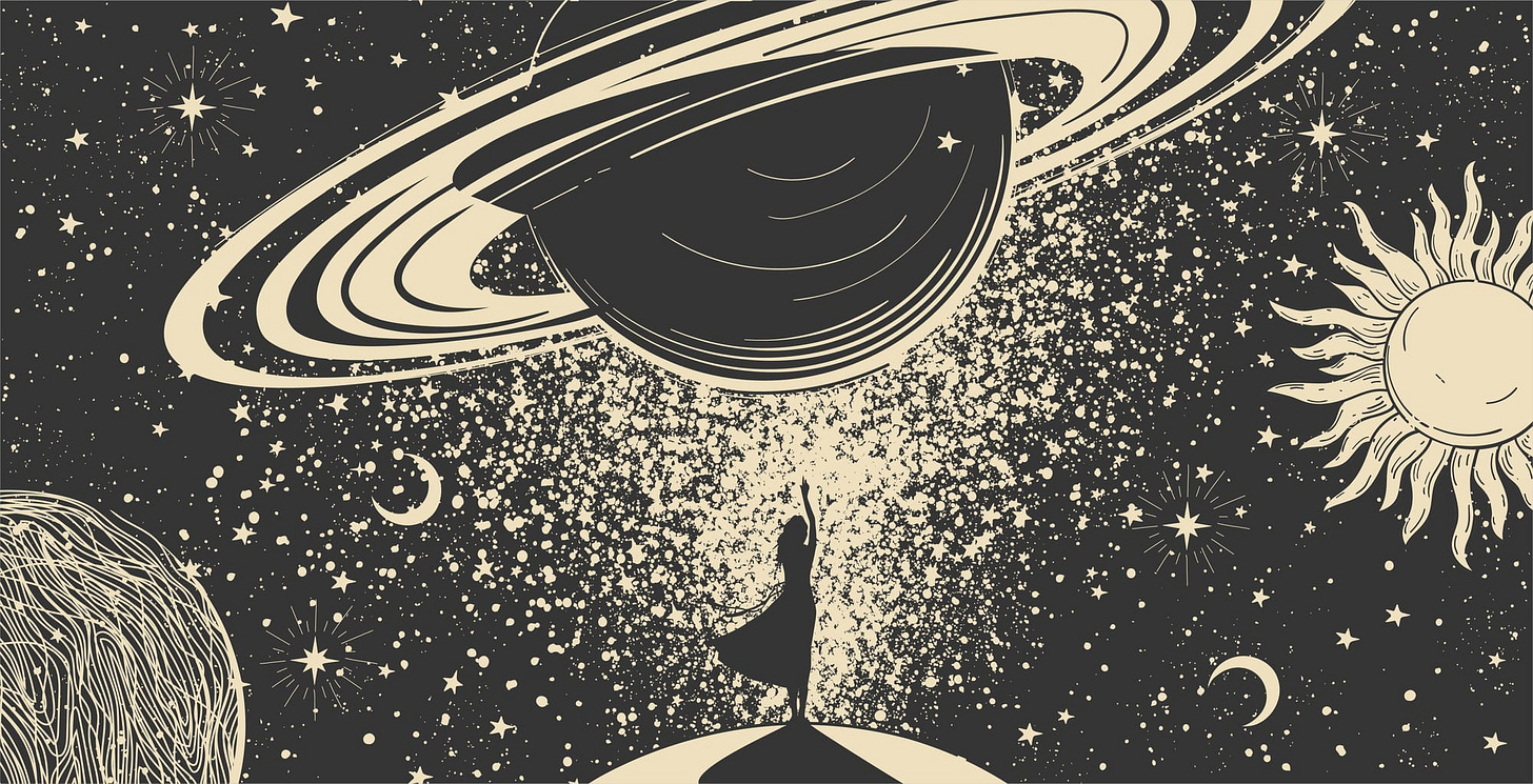 Woman reaching for a planet.