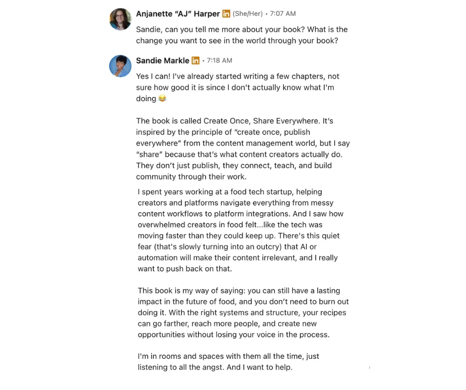 Screenshot of Sandie’s first conversation with AJ Harper about Create Once, Share Everywhere.