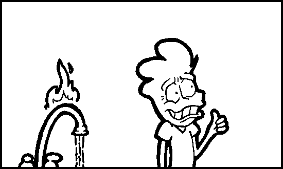 Warm water pouring out of the sink and me giving a thumbs up