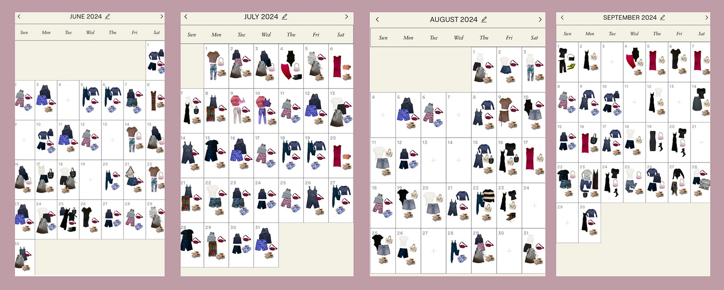 Indyx screenshots of a calendar view from June to September. 