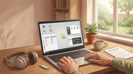 Hands at a PC with a Linux screen.