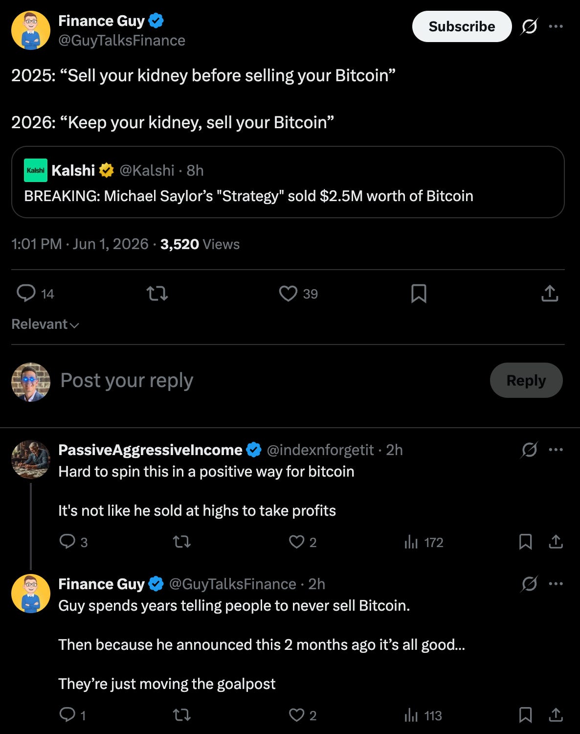 X reaction thread showing public response to Strategy's bitcoin sale