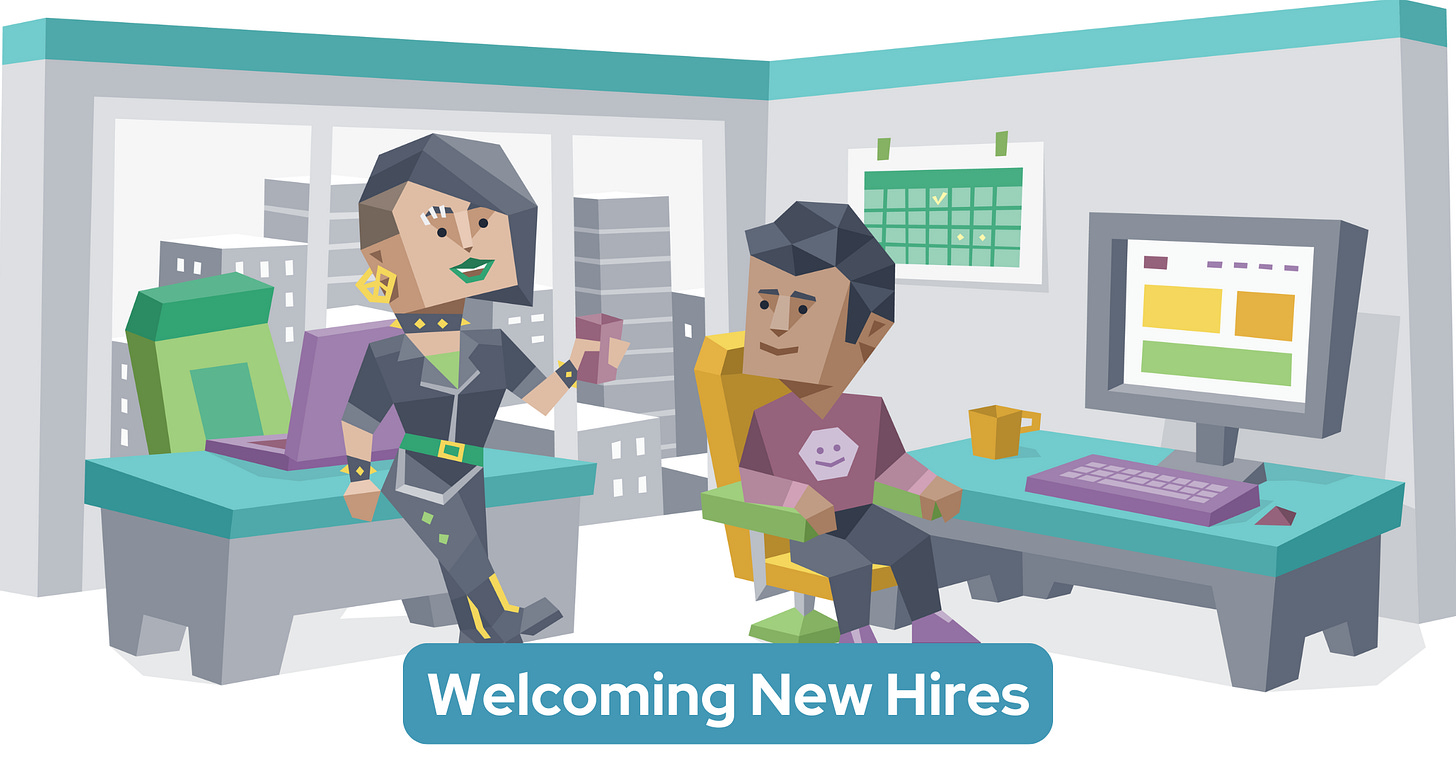 Coworkers talking – a casually dressed man sits at his computer and a woman in black with piercings stands nearby. Text in a blue banner reads: "Welcoming New Hires"