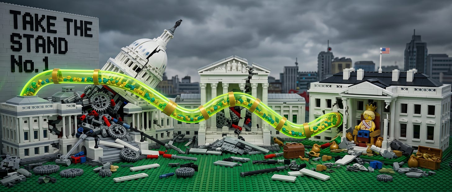 A mechanical failure: Column header for TAKE THE STAND No. 1, depicting the correlated collapse of the constitutional machine under the influence of a shared corrupting circuit.