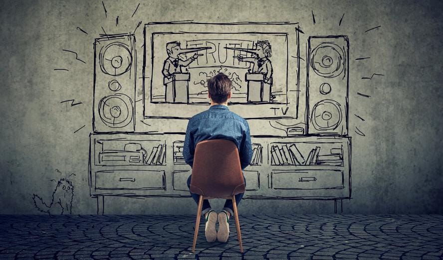 Man seen from behind sitting in a chair and looking at a wall with a line drawing of an entertainment center with a TV showing two people with their noses growing long signifying that they're lying, photo by SIphotography/Getty Images