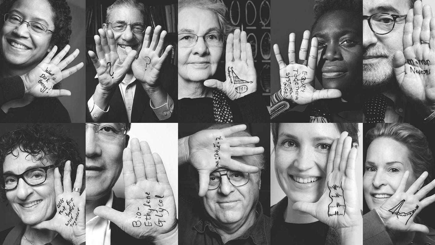 montage of scientists with science topics written on their hands