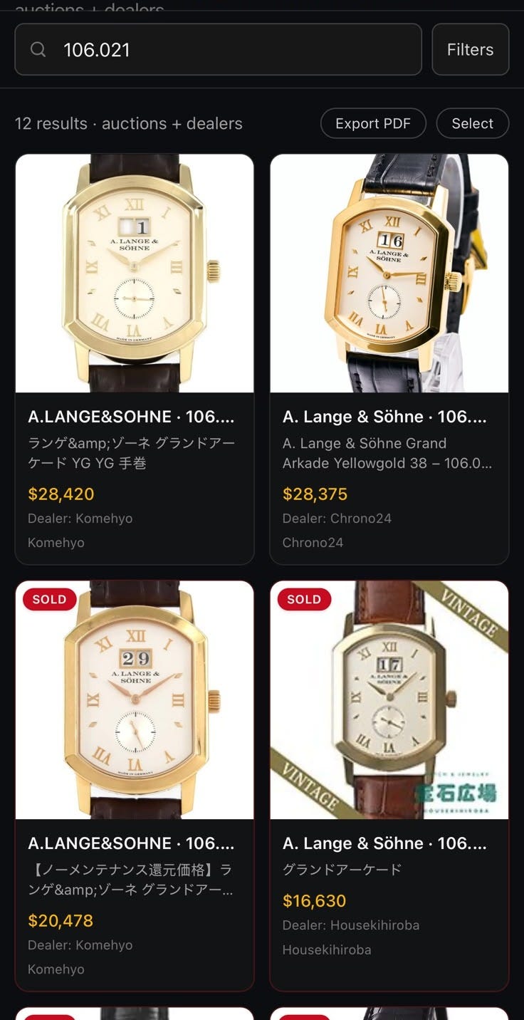 Search results for A. Lange & Sƶhne reference 106.021 across dealers and auction houses, showing live and sold listings, with Chrono24 appearing as one source among several rather than as the marketplace. Search results for A. Lange & Sƶhne reference 106.021 across dealers and auction houses, showing live and sold listings, with Chrono24 appearing as one source among several rather than as the marketplace.