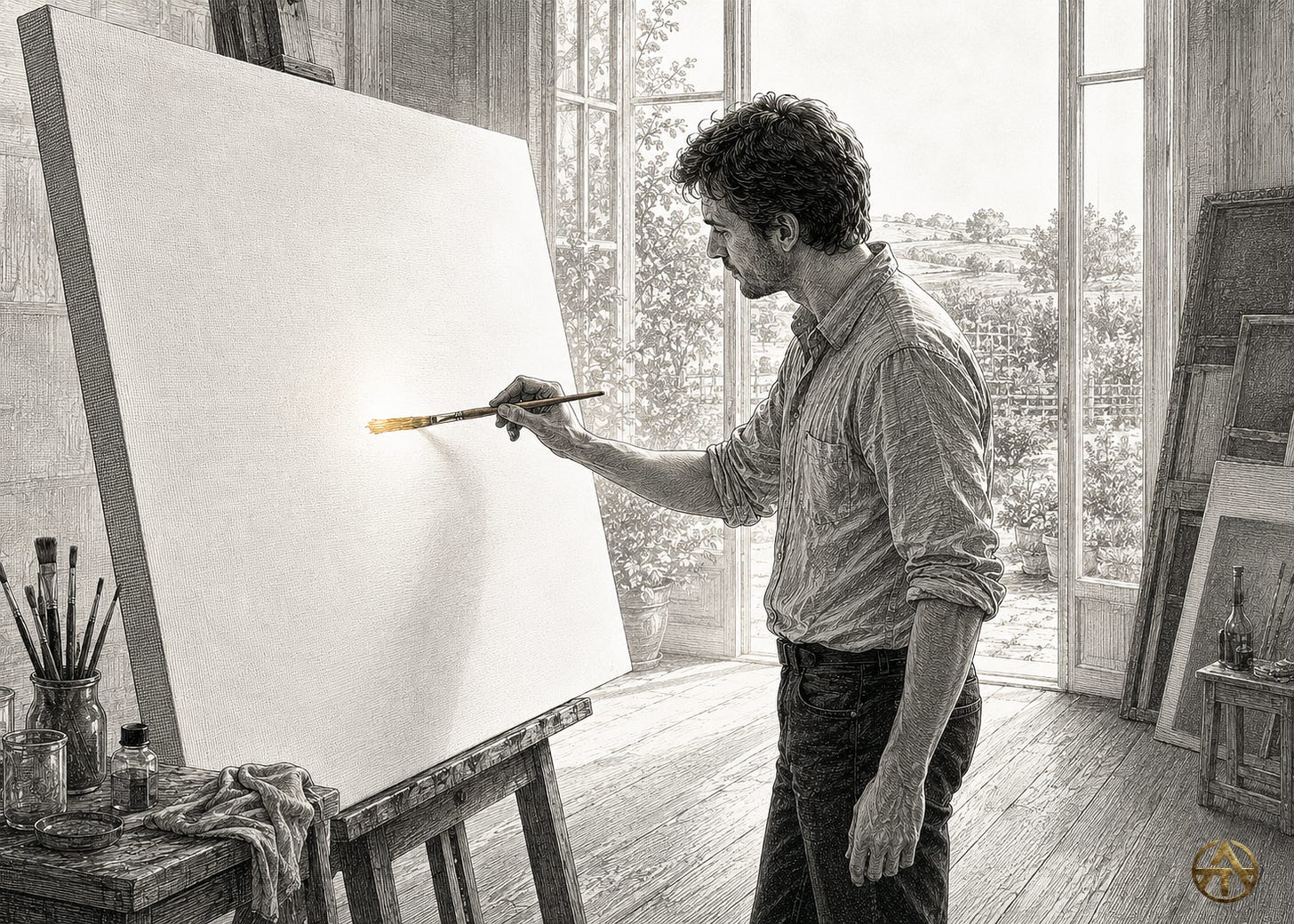 A painter makes the first gold brushstroke on a vast blank canvas in a bright studio overlooking open countryside. A painter makes the first gold brushstroke on a vast blank canvas in a bright studio overlooking open countryside.