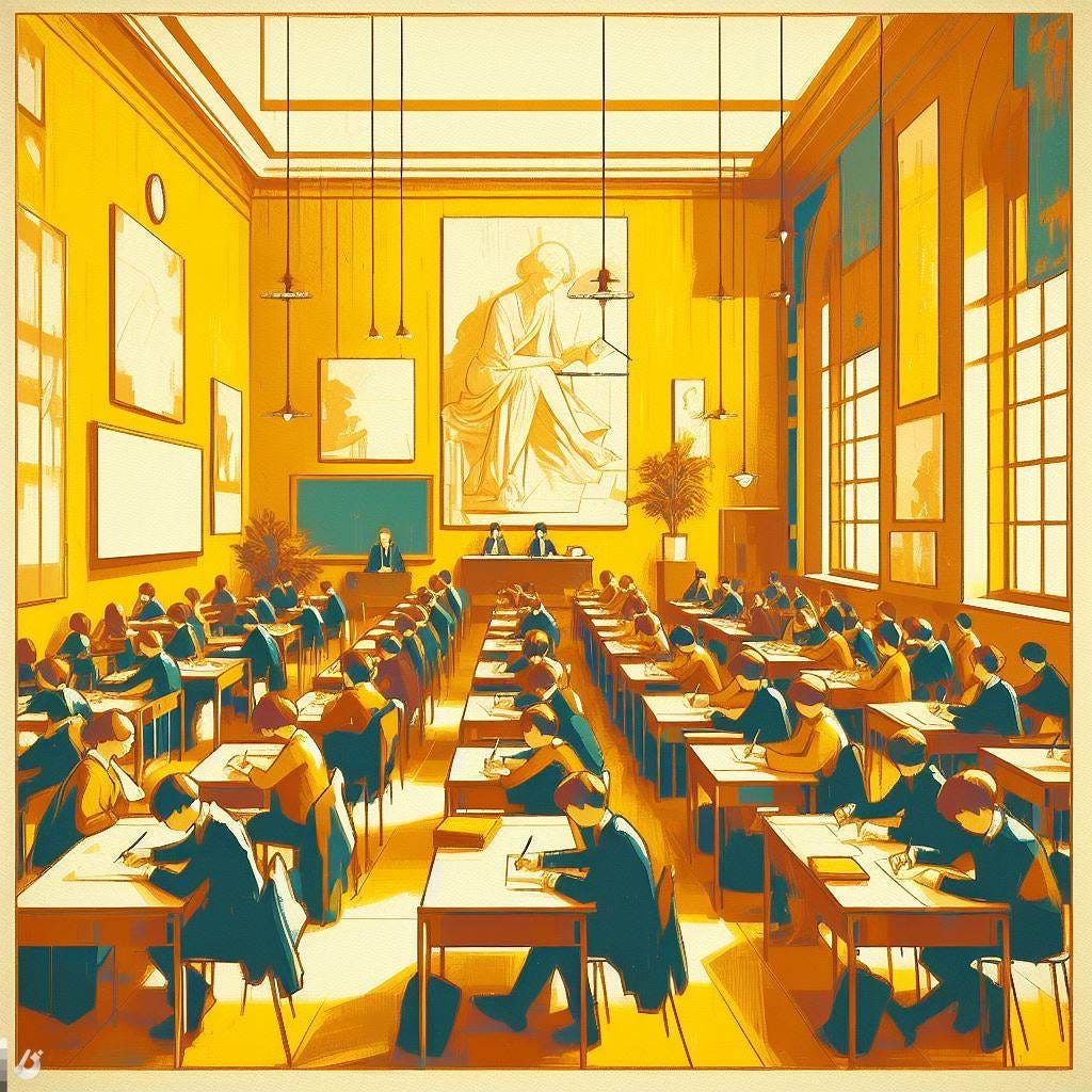 minimalist art.  triadic yellow base -  renaissance art of a classroom full of students sitting writing at their desks