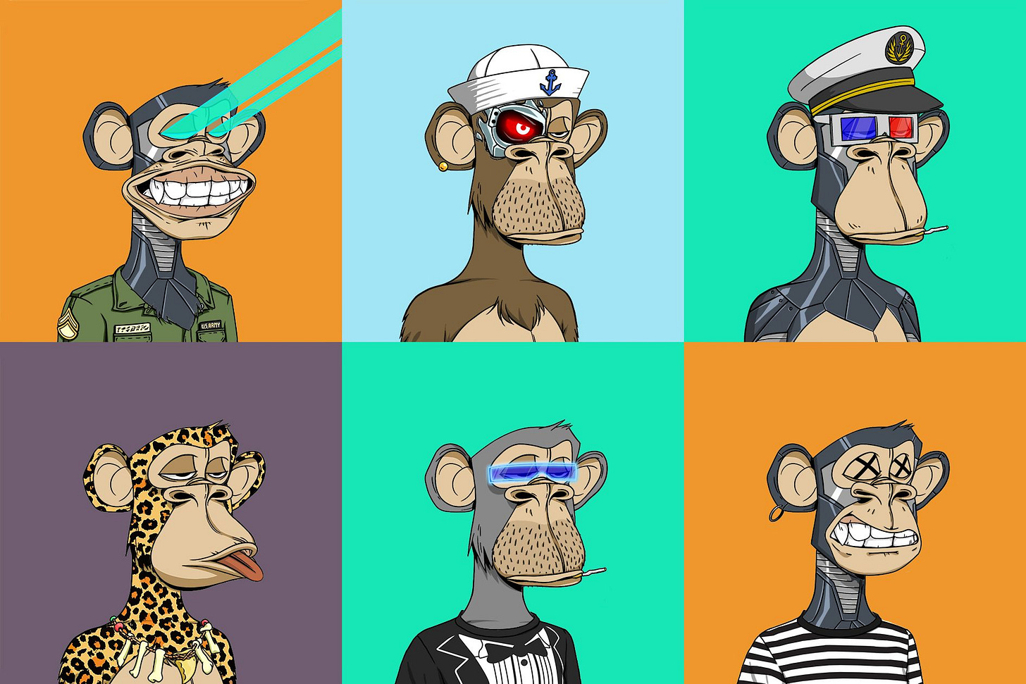 A grid of six N.F.T.s of apes against colorful backgrounds. A grid of six N.F.T.s of apes against colorful backgrounds.