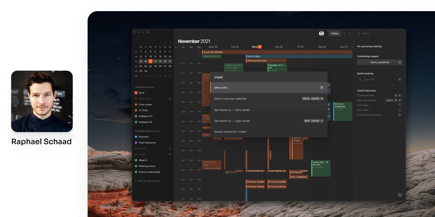 Raphael Schaad's profile image and a screenshot of Cron Calendar