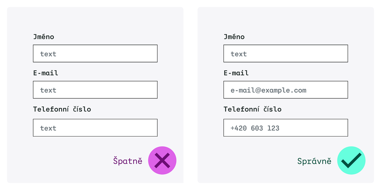 Vlevo (špatně) input má nastavený typ na hodnotu text. Vpravo (správně) formulářový input rozlišuje typy pro email a tel. 