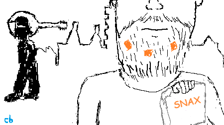In a blank inked image Cai of Beard Snax appears in foreground at right with a bag of crisps that says "snax" and some orange bits in his beard as pixel-art-like silhouette of Kez, with large mandolin on shoulder, stands in between his bandmate and a portion of Stoke-On-Trent's sklyine in the background.