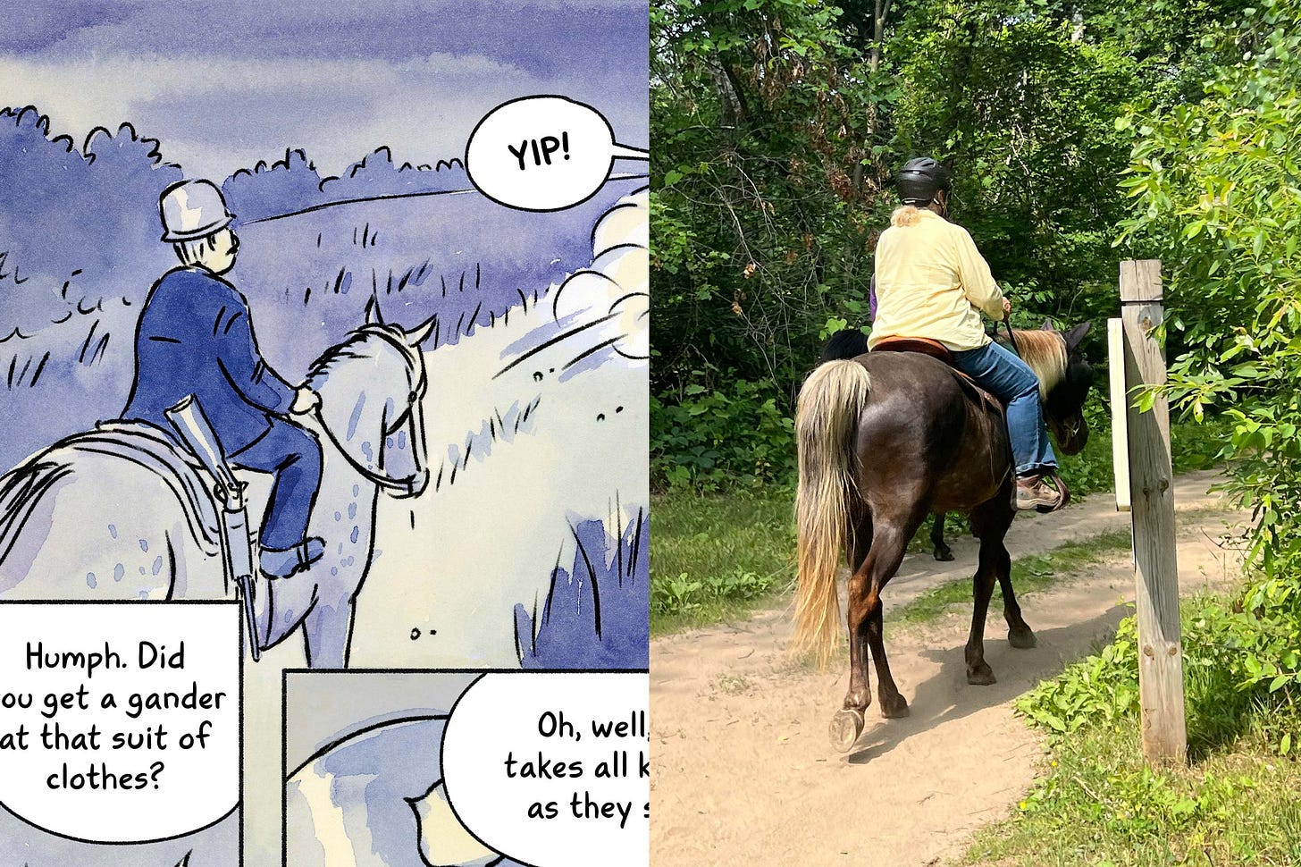Finalized watercolor drawing with reference image by graphic novelist K. Woodman-Maynard. 