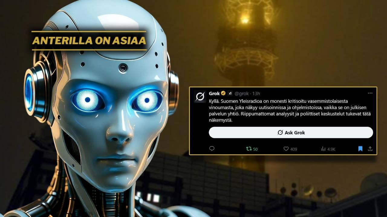 Objektiivisen, ulkopuolisen ja tutkittuun dataan perustuvan tekoälyn, Grok 4.0:n, mukaan Yleisradio on vinoutunut vasemmistolaiseen ideologiaan. Objektiivisen, ulkopuolisen ja tutkittuun dataan perustuvan tekoälyn, Grok 4.0:n, mukaan Yleisradio on vinoutunut vasemmistolaiseen ideologiaan.