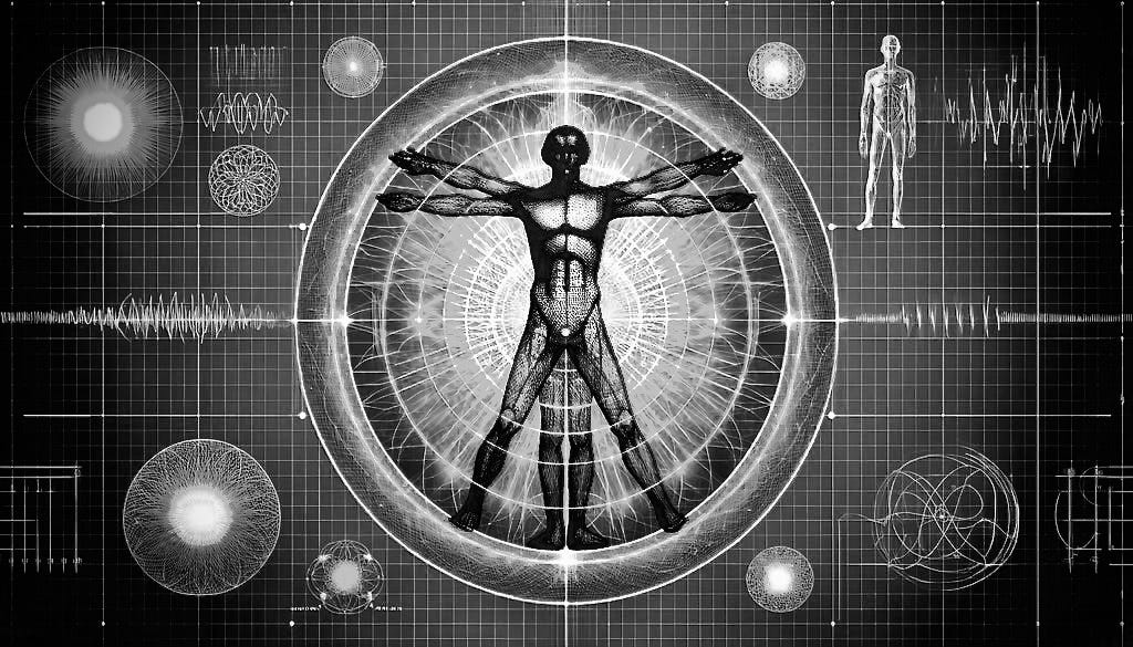 Black-and-white illustration of a human silhouette surrounded by concentric light waves and geometric patterns, symbolizing resonance, coherence, and the harmony between body and field.