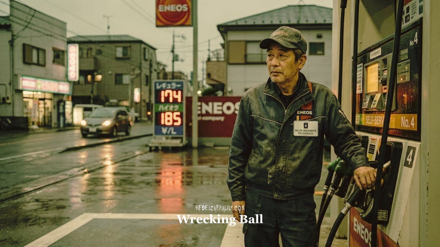 Japanese ENEOS gas station worker holding fuel nozzles on rainy urban street