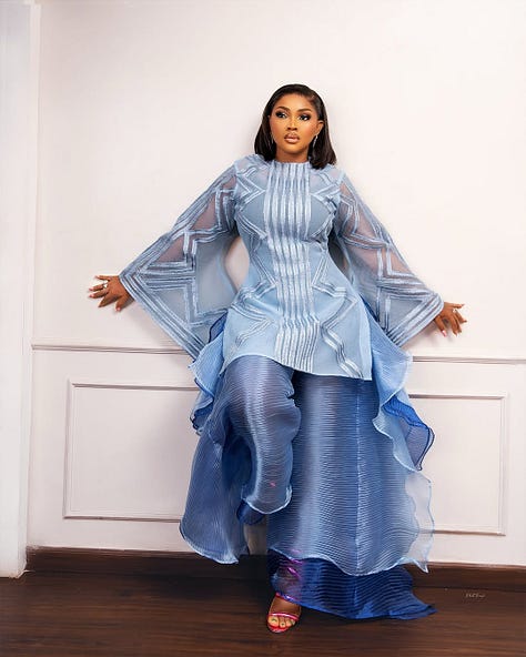 L-R: Mo Abudu in Ciscacecil, Osas Ighodaro in Hertunba ss25, Stephanie Coker in Yeside Laguda, Mimi Onalaja in Isale Eko from Derin, Mimi Yina in Medlin Couture, and Mercy Aigbe in Ejiro Amos Tafiri ss25.