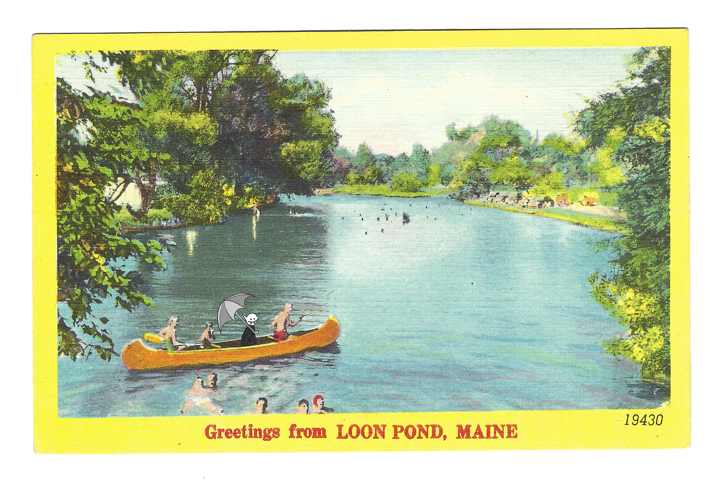 A postcard reading "Greetings from Loon Pond, Maine," with a little vampire inserted into a canoeing scene