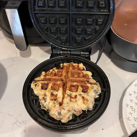 stuffing, mashed potatoes, turkey, waffle iron, waffle