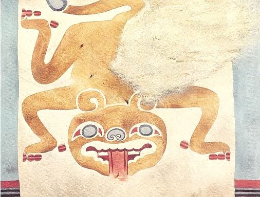 The mural of the jaguar the temple is named for: the original on the wall, and a drawing of it from a book