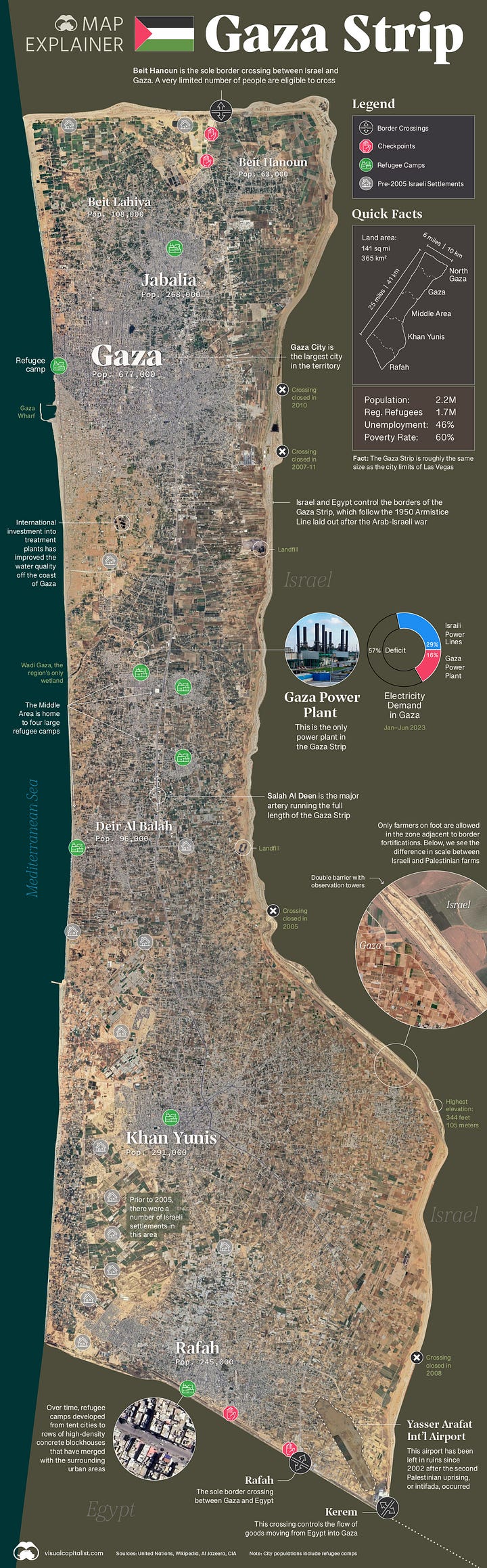 4 GENERAL MAPS OF ISRAEL & GAZA. Clockwise from top left: Israel region by Axios/Will Chase, terrain model from CIA National Technical Information Service 1994, Gaza satellite overview by visualcapitalist.com, Gaza territory overview by USA Today & NY Times