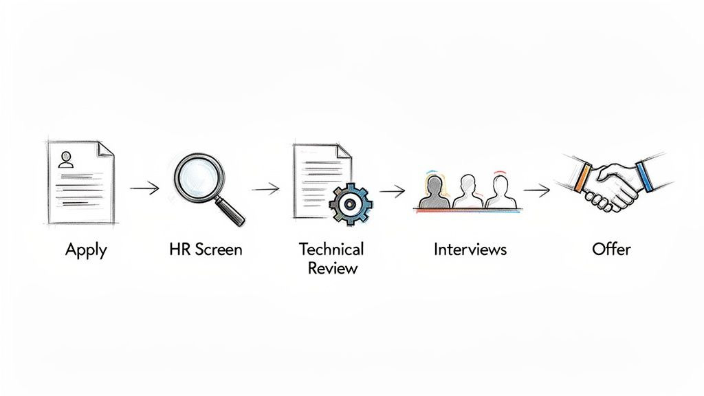 A five-step flowchart illustrating the job application process: Apply, HR Screen, Technical Review, Interviews, and Offer.