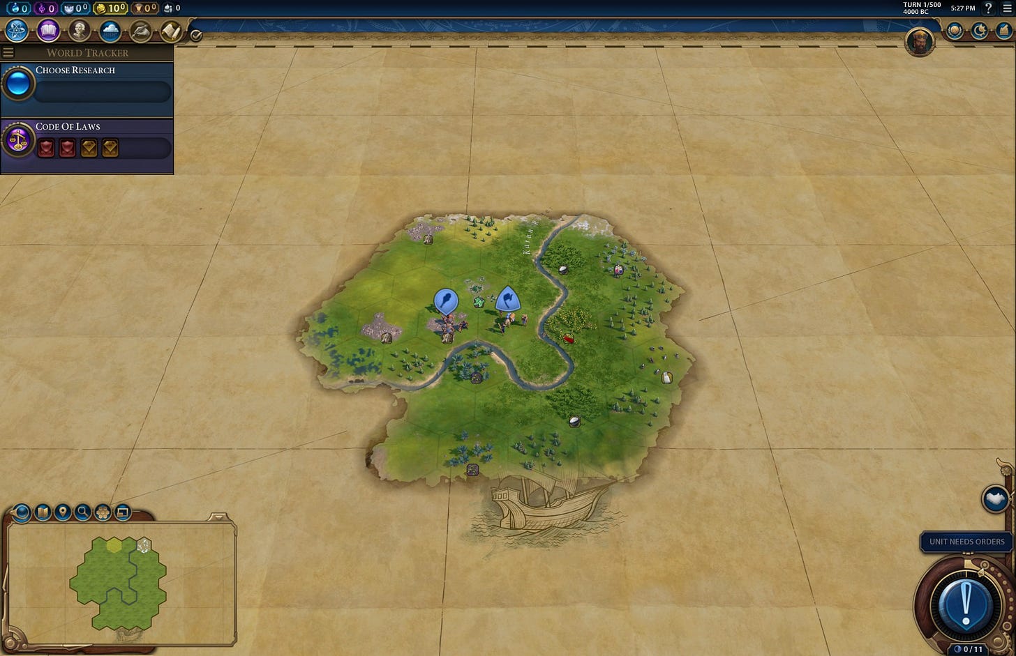 A screenshot of the very beginning of a game of Civilization 6, showing a Settler and a Warrior unit on an unexplored, obscured map. A screenshot of the very beginning of a game of Civilization 6, showing a Settler and a Warrior unit on an unexplored, obscured map.