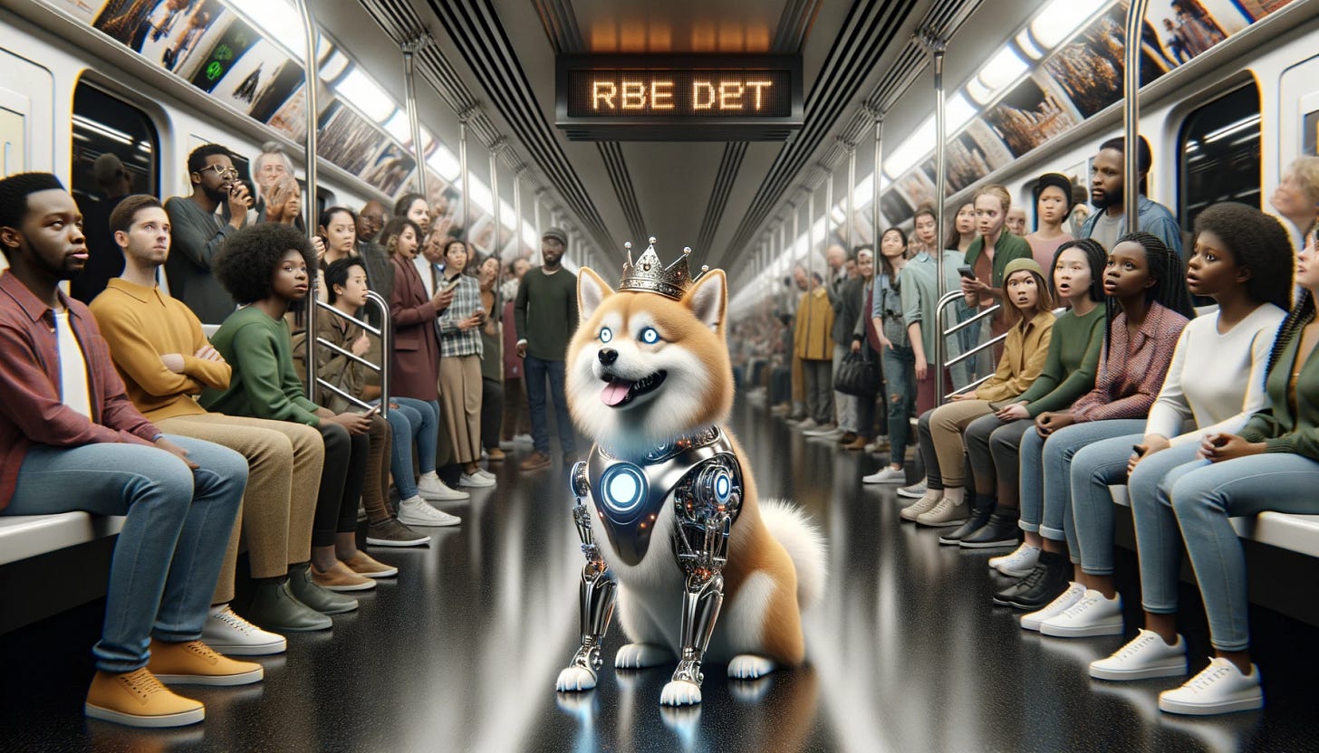 Photo of a subway interior with a crowd of people of various descents including African, Caucasian, Hispanic, and Asian, all gawking in astonishment. In the center, a hyperrealistic cyber-corgi wearing a metallic crown stands confidently. The cyber-corgi has sleek robotic components intertwined with its fur, glowing LED eyes, and a display panel on its side.