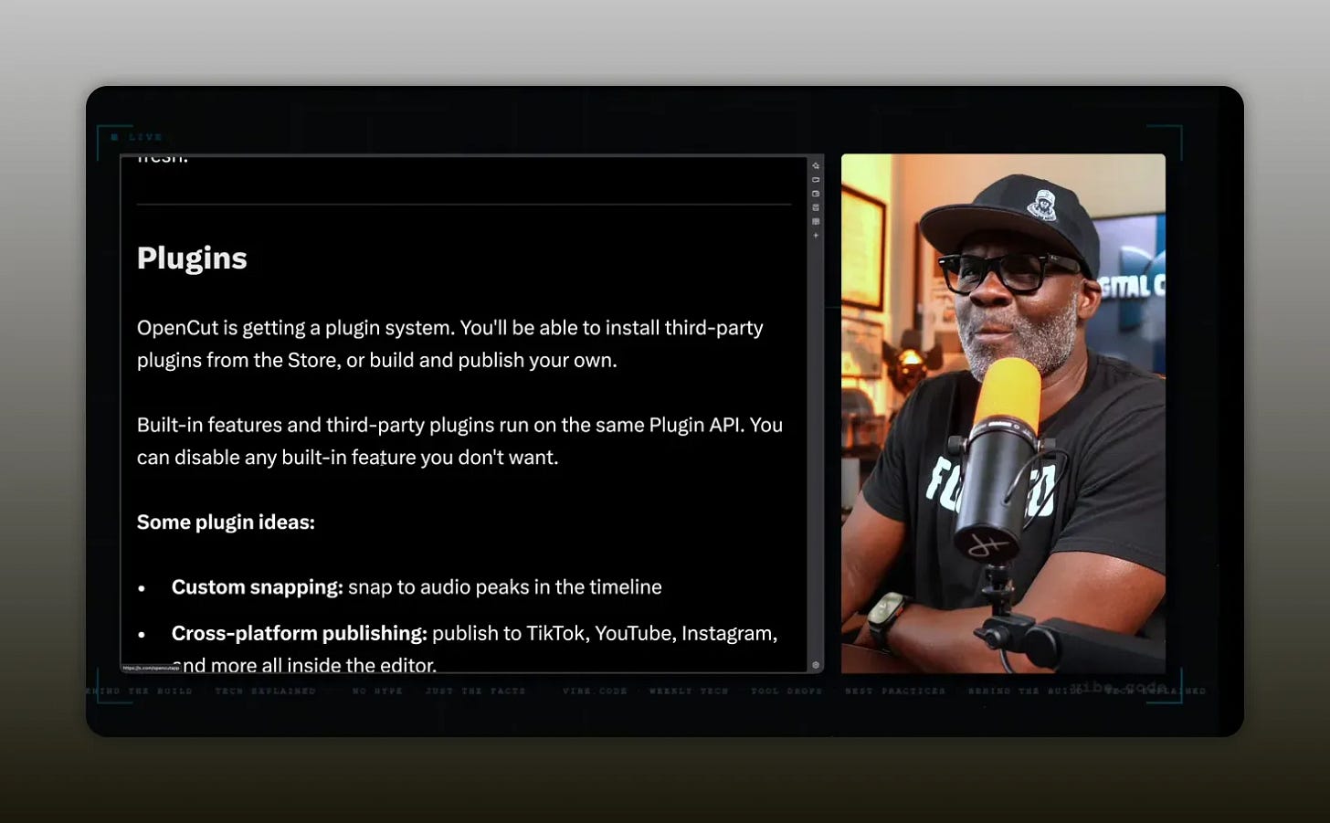 OpenCut screenshot with a Plugins heading and details about installing third-party plugins