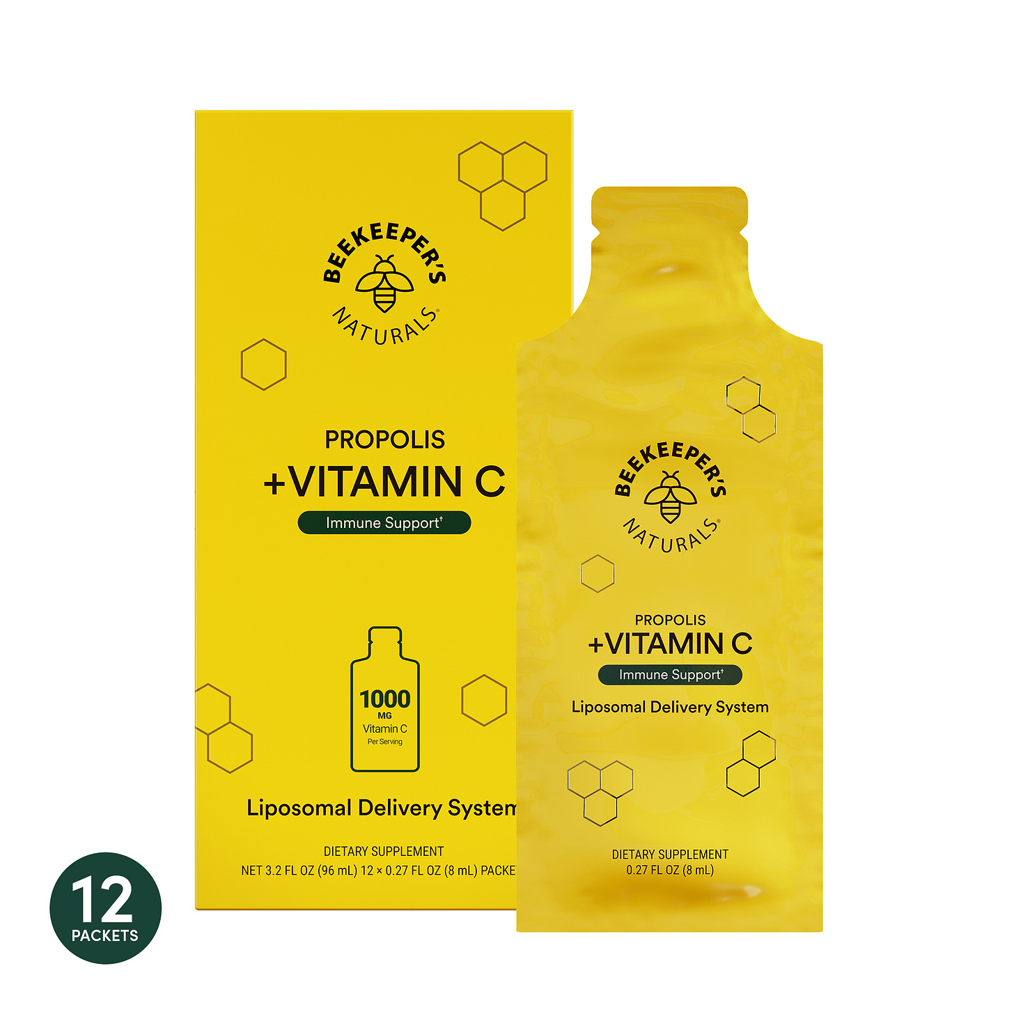 Propolis + Vitamin C supplement image. Box and single-serve packet featuring Beekeeper's Naturals logo. "1000mg Vitamin C