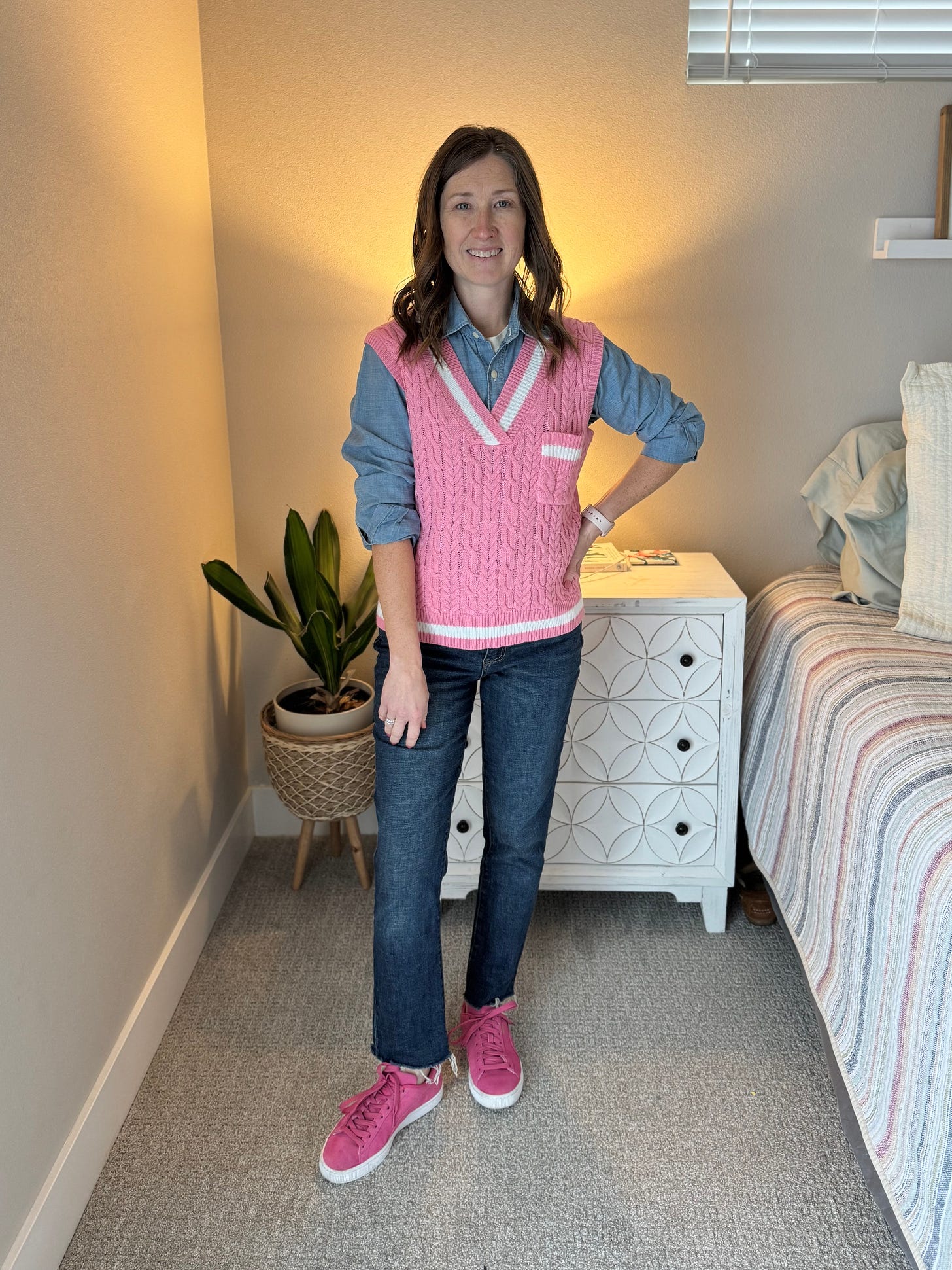 sweater vest style, denim on denim outfit