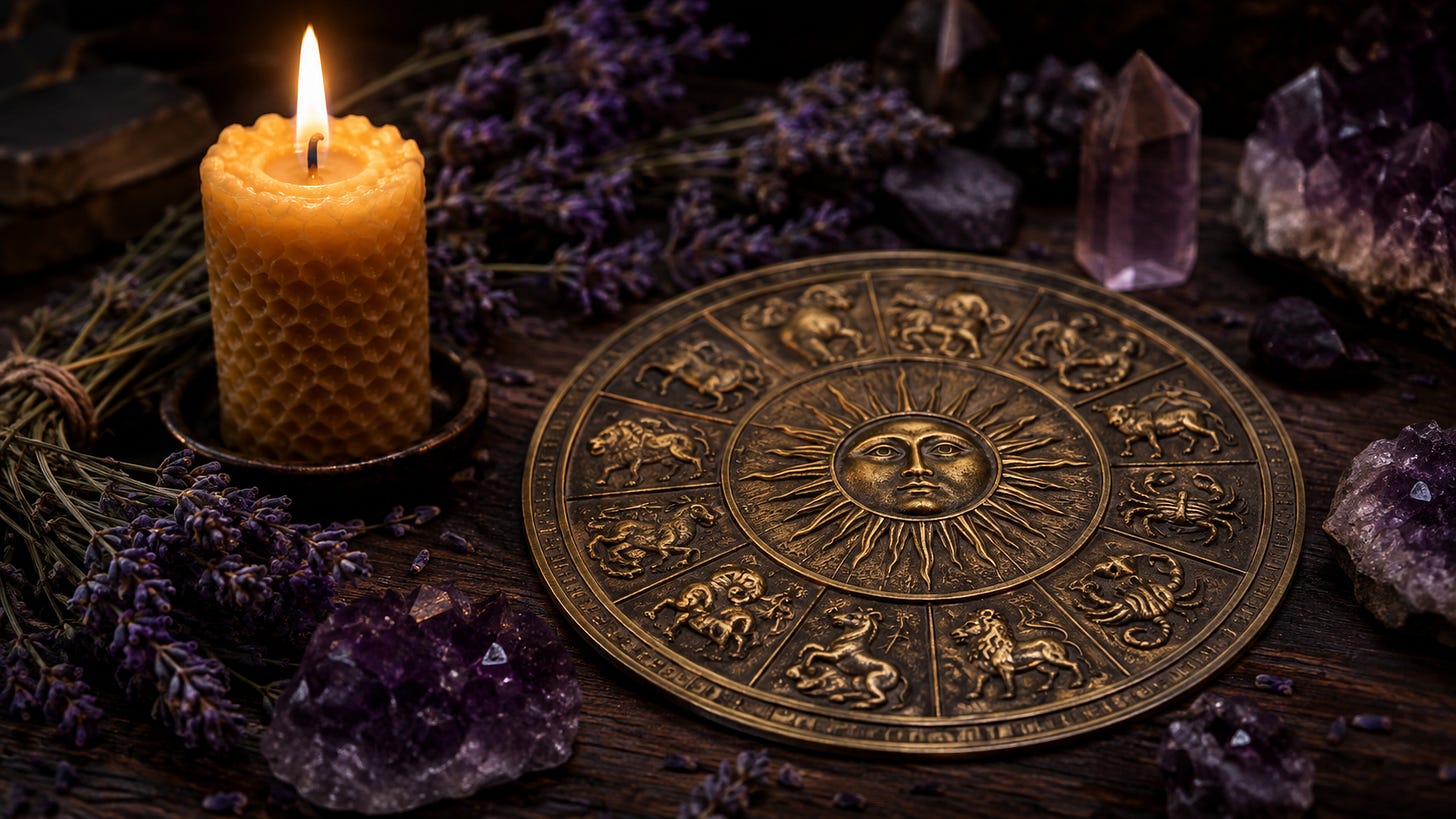 A brass zodiac wheel lying on a dark surface beside a beeswax candle, lavender and crystals. A brass zodiac wheel lying on a dark surface beside a beeswax candle, lavender and crystals.