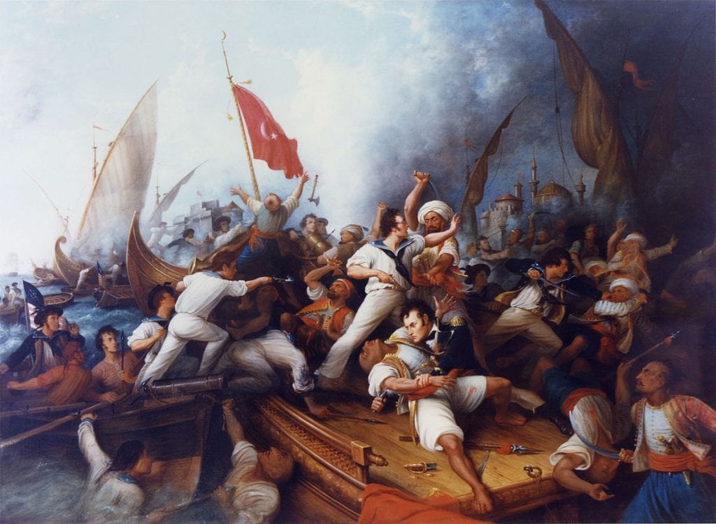 Men dressed in white uniforms fight a battle aboard a gunboat, a red flag flies in the background.
