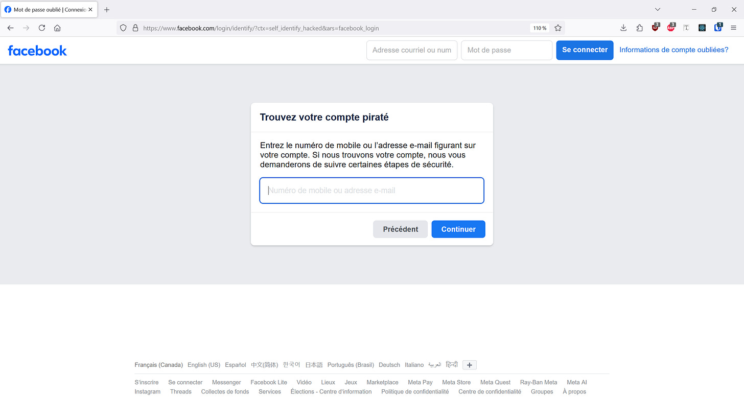 Informations pour trouver compte facebook piraté