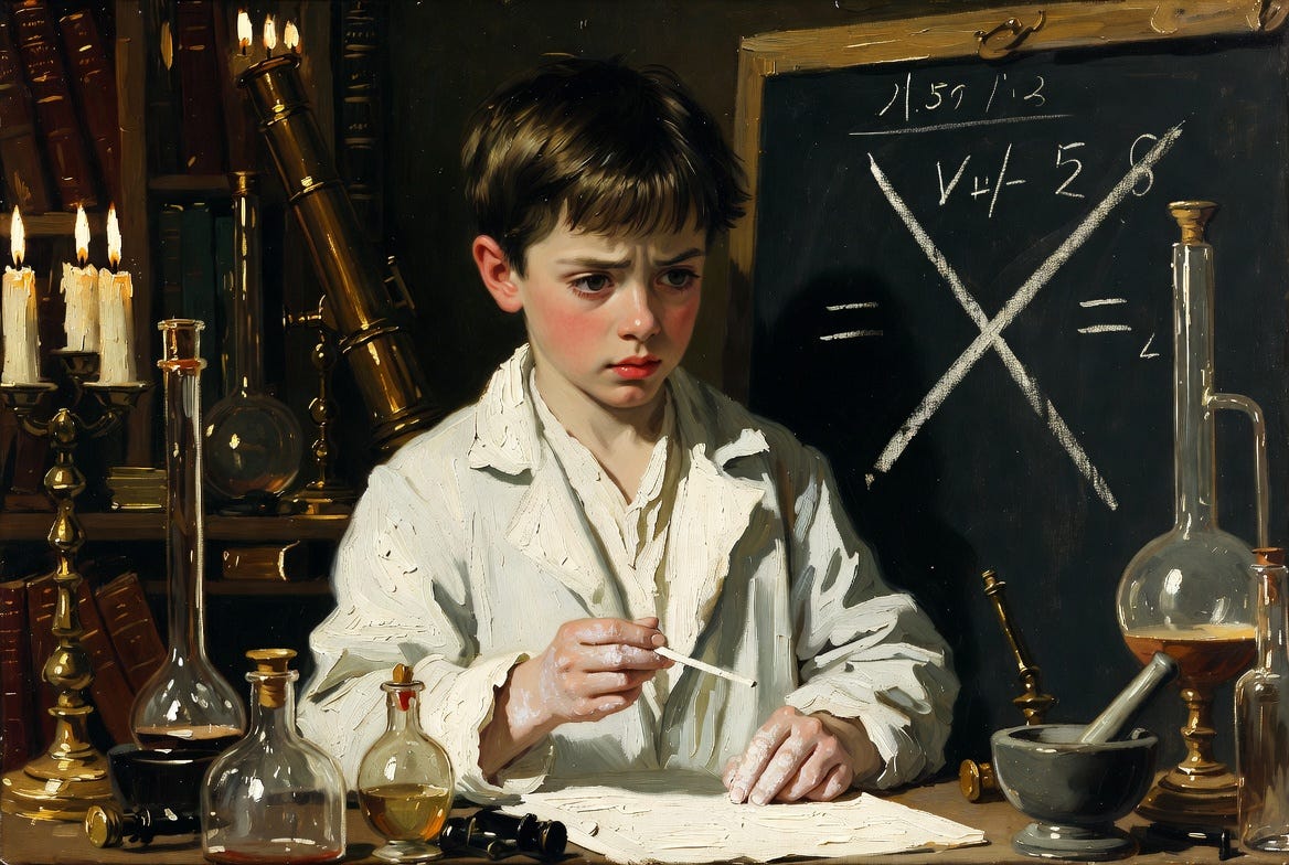 A Renaissance oil painting of a young boy scientist in a candlelit laboratory, focused on a chalkboard.