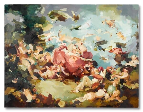 “I’ll Have What She’s Having,” a 2020 painting by the British artist Flora Yukhnovich. Her work is attracting collectors and speculators from around the world.