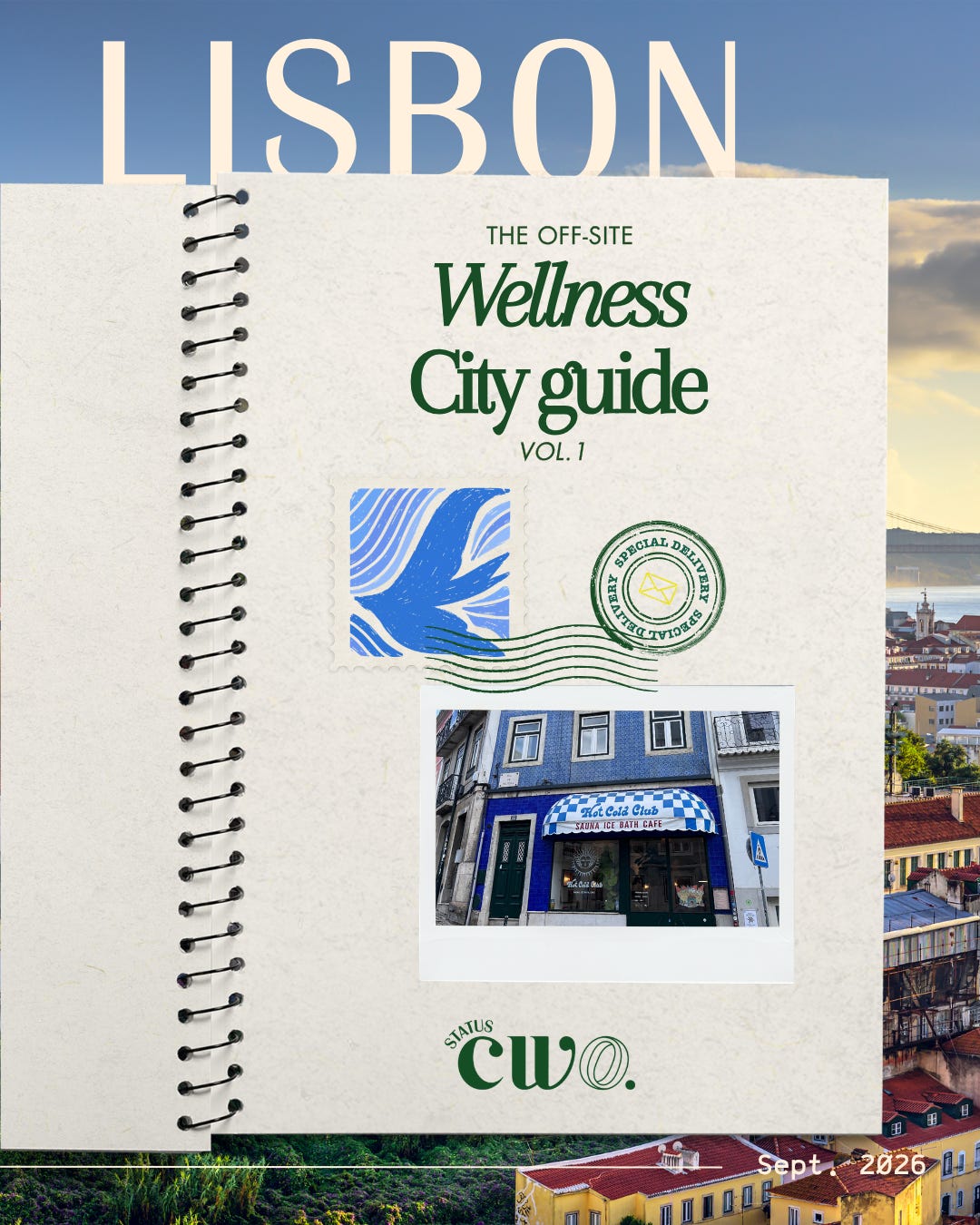 The Offsite, Vol. 01: Lisbon, a Status CWO wellness guide designed as a corporate offsite invitation in dark green and yellow The Offsite, Vol. 01: Lisbon, a Status CWO wellness guide designed as a corporate offsite invitation in dark green and yellow