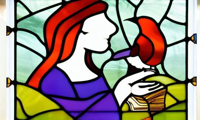 Diffusion Bee attempt to render "A stained glass window of a woman in a library with a raven on her shoulder with a key in its mouth". Diffusion Bee attempt to render "A stained glass window of a woman in a library with a raven on her shoulder with a key in its mouth".