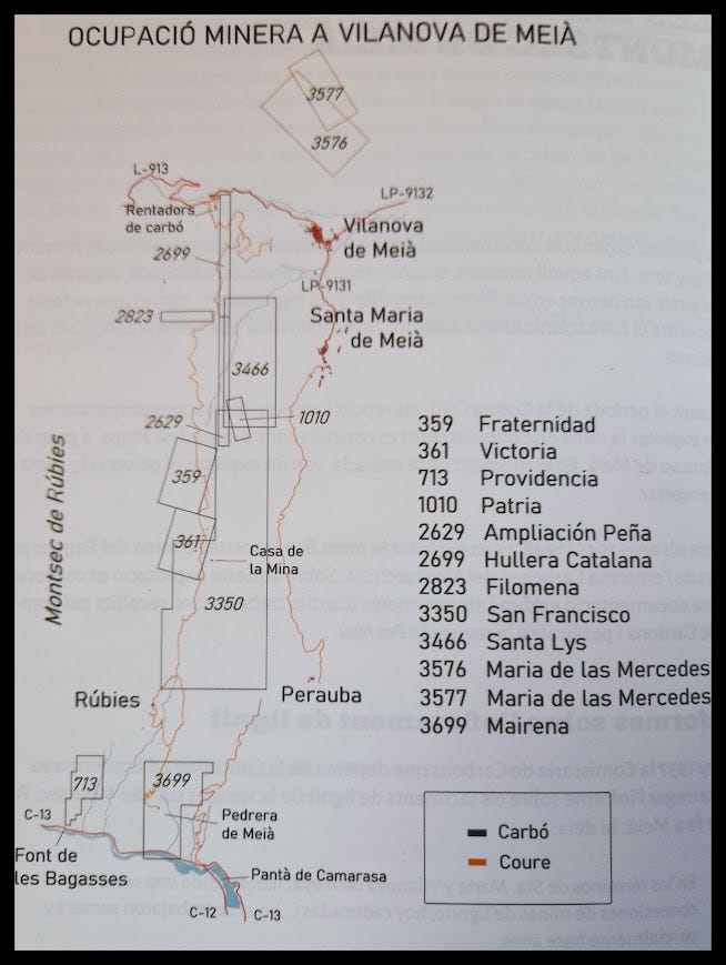 Mapa del Montsec de Rúbies (o de Meià) i de part de l’antic terme de Fontllonga amb la situació d’algunes concessions mineres de carbó i coure. Font: Miquel Bailac, a partir de la informació del Fons d’Energia i Mines de l’AHL. Mapa del Montsec de Rúbies (o de Meià) i de part de l’antic terme de Fontllonga amb la situació d’algunes concessions mineres de carbó i coure. Font: Miquel Bailac, a partir de la informació del Fons d’Energia i Mines de l’AHL.