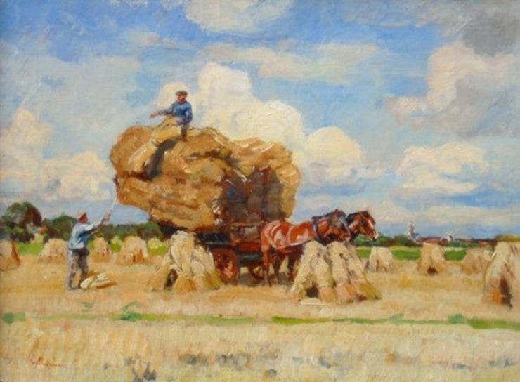 'Koren laden te Burgh-Haamstede' - olieverf op doek: W. J. Dingemans (herkomst: voorm. coll. Kunsthandel Han Vos) 'Koren laden te Burgh-Haamstede' - olieverf op doek: W. J. Dingemans (herkomst: voorm. coll. Kunsthandel Han Vos)