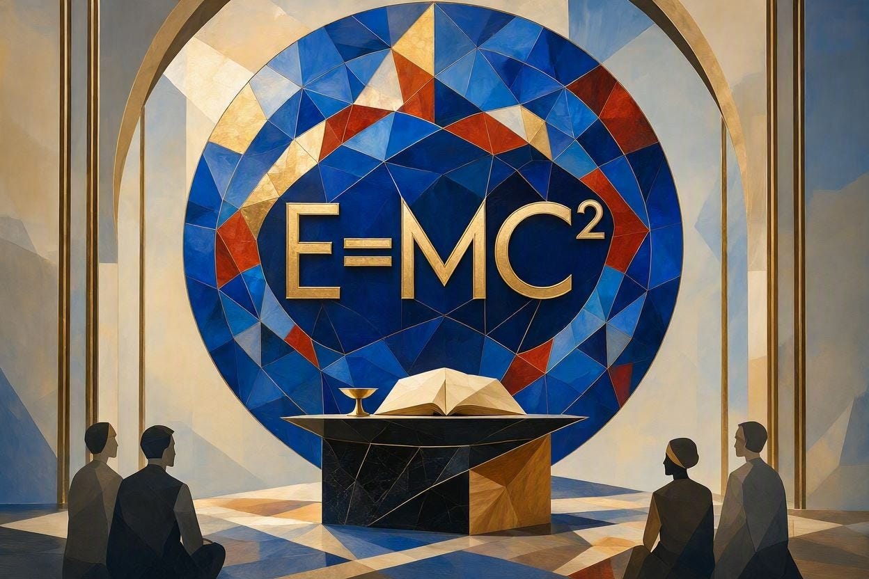 A modren art style image that centers around a religious connection to E=MC squared.