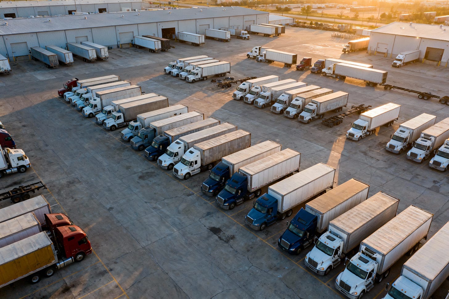 Image showing parked trucks in a yard, representing idle capacity and carrier exits Image showing parked trucks in a yard, representing idle capacity and carrier exits